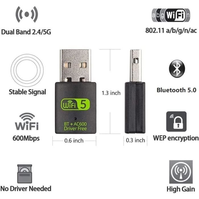 Adaptateur Double Bande Usb Wifi Bluetooth 600/2.4 Ghz, Récepteur