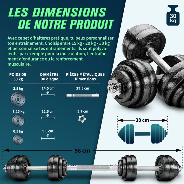 Lot De 2 Haltères En Fonte Bad Company – 30 Kg (2x15 Kg) Avec Disques Spinlock, Pour Musculation Et Renforcement Musculaire