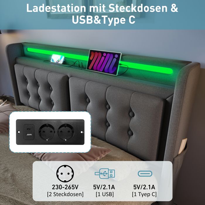 Lit Double 180x200 Avec Rangement Hydraulique Et Chevets Intégrés - Velours Gris, Lampes USB, Sans Matelas