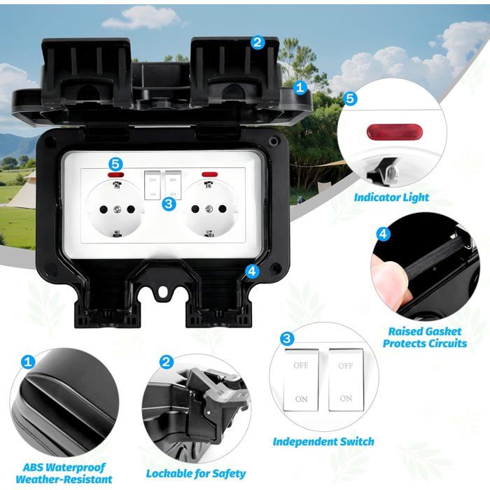 Prise Exterieure Etanche IP66 Double Prise De Courant Et Volet De Protection Multiprise Electrique Murale De Jardin Pri Voyant Lumineux 99134604