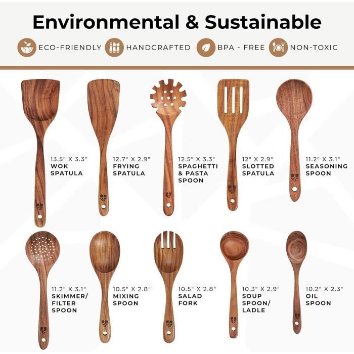Set Teck Waldwerk 4 Pièces Ustensiles Cuisine Bois De Teck WALDWERK - Set 4 Pièces Avec Support, Cire D'Abeille Naturelle Spatule Cuillère Bois Cuisine Saine