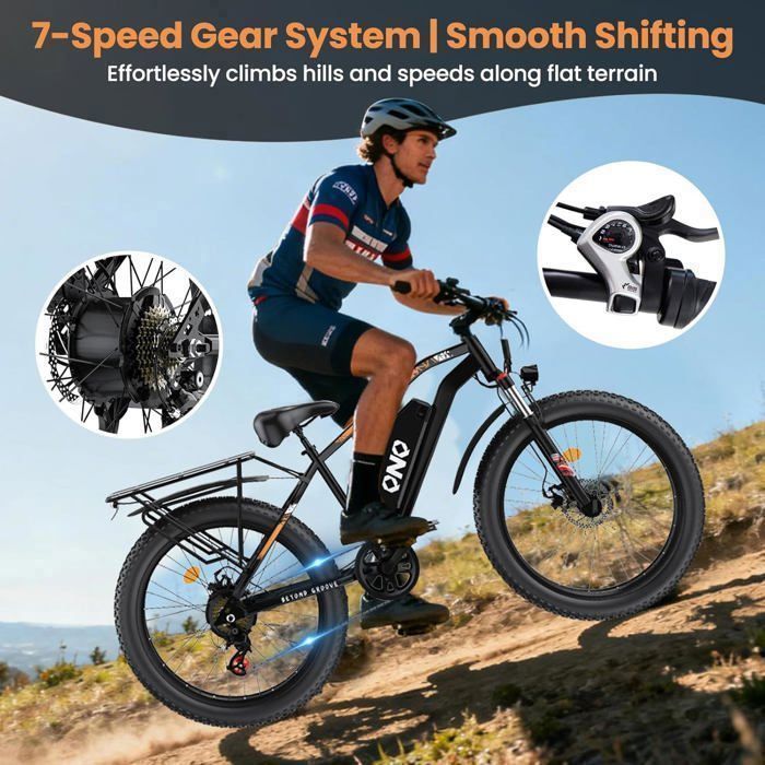 QnQ Vélo Électrique VTT 26″ Pneus Gras – Batterie 48V 15Ah, Autonomie 40-80 Km, Double Suspension, Shimano 7 Vitesses