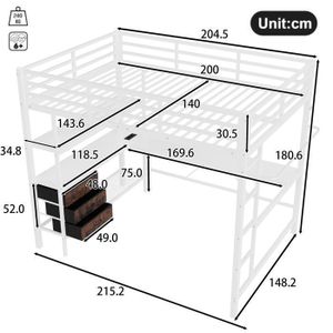 Vepssder Lit Mezzanine En Métal 140 X 200 Cm, Lit Mezzanine 2 Places