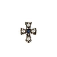 Broche Revers Croix de Toulouse Plaqué Bronze Vintage, Cristal Blue Royal Rectangulaire, Perles Ovale Blanc Incrusté avec Contour de