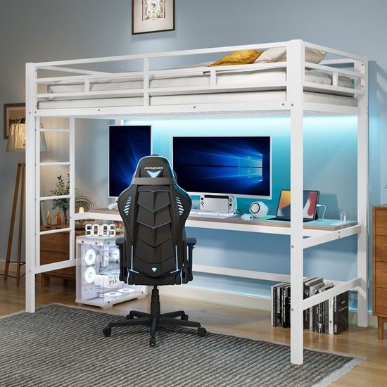 Lit Mezzanine Enfant 90x190 Cm Avec Bureau - Métal, échelle Latérale, étagères, Charge 180 Kg, Blanc