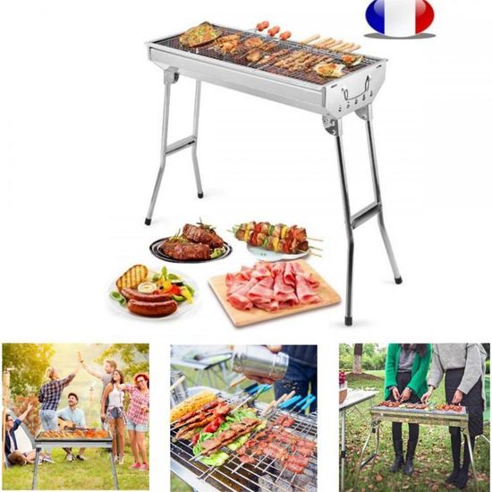 Barbecue à Charbon Inox XXL Pliable - Grill Jardin Camping Pique-Nique Avec Grille Acier Robuste