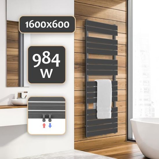 Radiateur sèche-serviette pour salle de bain Aquamarin® - 1600x600 mm, anthracite, vertical, en acier