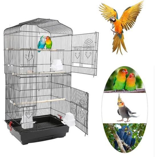 AG Grande Volière pour Oiseaux Cage à Roulettes Canaries Perroquet Perruches Canaris avec 4 mangeoires, 3 perchoirs,46*36*93CM
