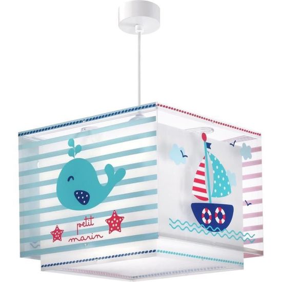 Dalber - Lampe à suspension enfant - Petit Marin - Motif marin, L 30,5 cm, H 30 cm, Bleu et blanc