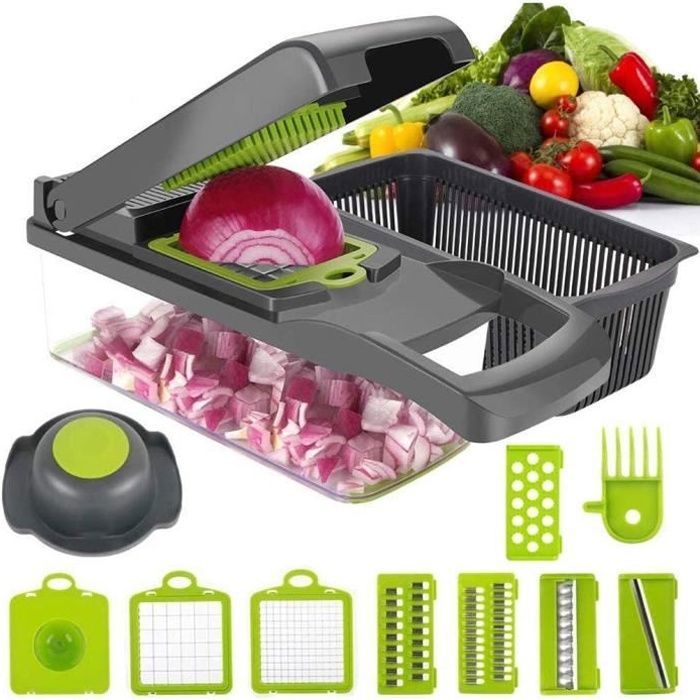 Mandoline Cuisine 12 en 1 Multifonction Coupe Légume avec Lame en Acier Inoxydable Séparateur Filtre pour Oignons Carotte Pomme