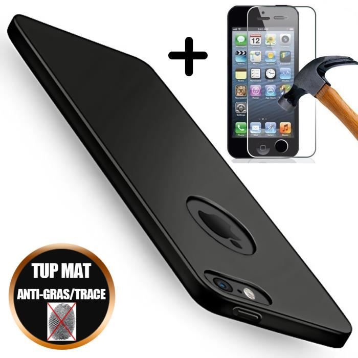 Verre Trempé + Coque iPhone SE 5S 5 Antichoc Silicone Slim -Mat noir