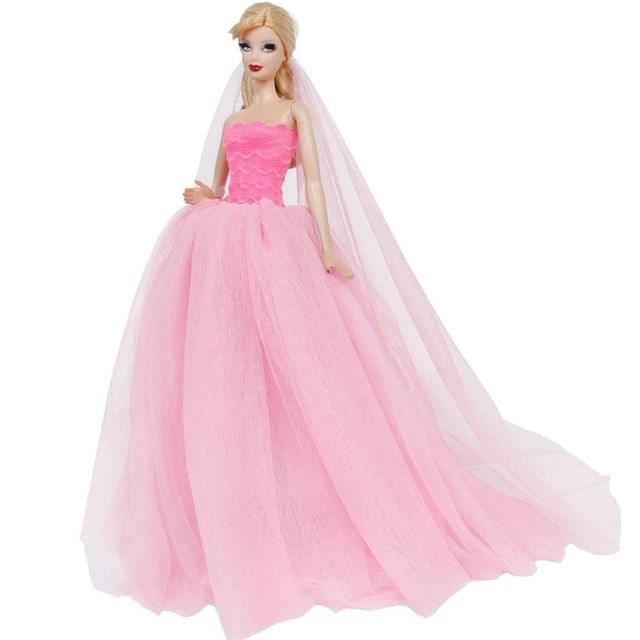 Mode bretelles dentelle robe de bal mariée blanc robes de mariée princesse traînant voile vêtements pour Barbie poupée accessoires