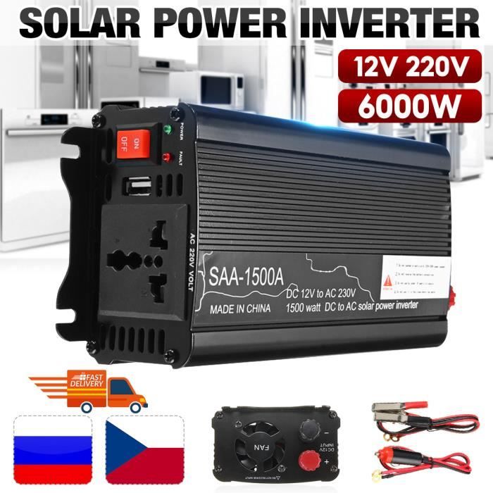Convertisseur Onduleur Solaire SAA 1500W 12V DC à 230V AC Modifié Sinus Voiture Noir