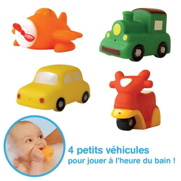 LUDI - Petits jouets en plastique pour jouer dans le bain Dès 6 mois. 4 transports arroseurs rigolos: voiture, avion, scooter, train