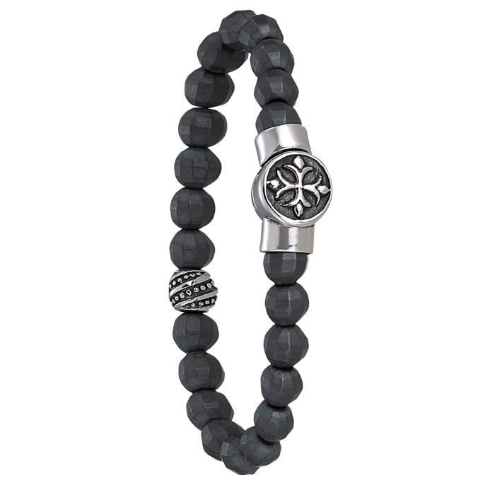 Jourdan - Bracelet homme - RC008H - Boules Hématite - Pampille acier