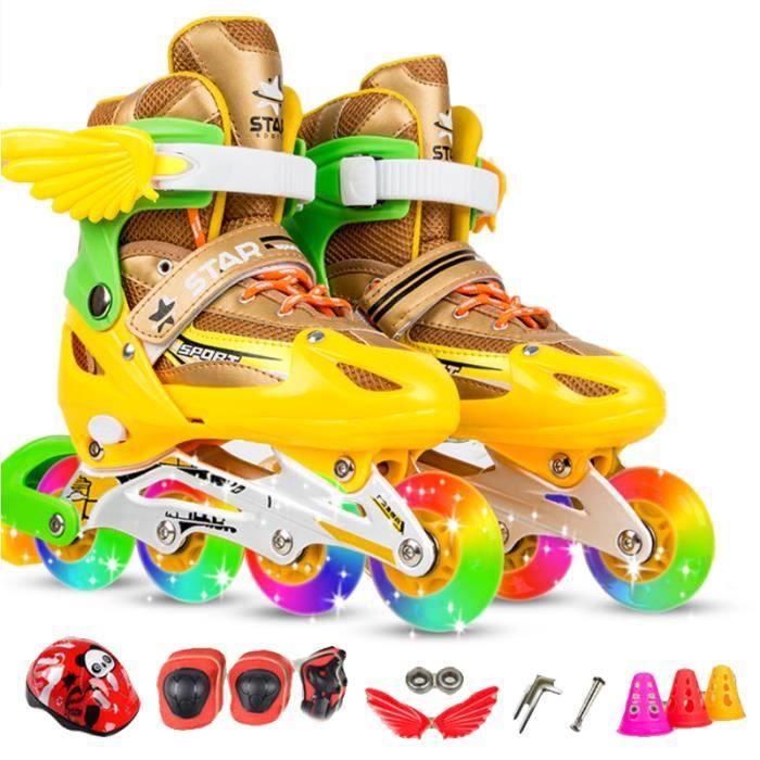 Roller In Line Roues LED Illuminées Pour Enfants, Patins à Roulettes Pour Filles Et Garçons - Or - Avec Cadeaux Casque Etc