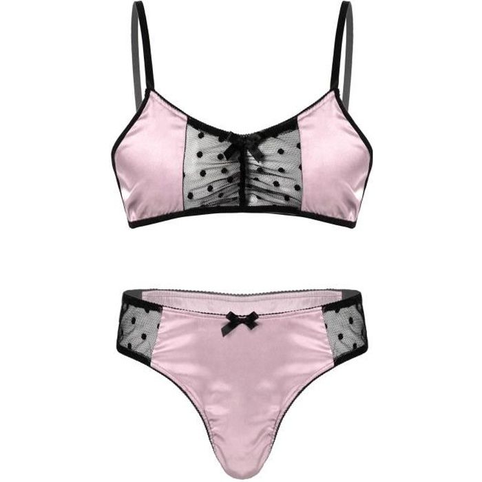 Freebily Homme Sissy Ensemble Lingerie de Nuit Soutien-gorge String Culotte Sous-vêtements Maillots de Corps Nuisette Dentelle M-XXL