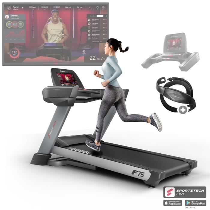 Sportstech F75 Tapis de Course Professionnel - Jusqu'à 20km/h - Grande Surface 1580x600mm - Ecran 15,6'' - Android - wi-FI - USB