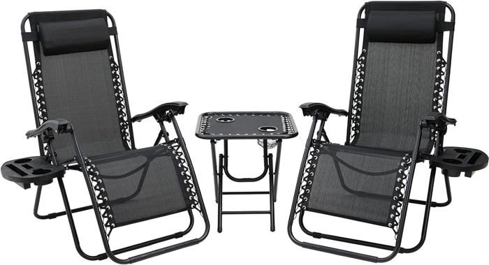 SereneLife Lot De 2 Chaises Longues Zéro Gravité Pliantes Avec Table Latérale, Porte-Gobelets Et Oreillers Amovibles - Confort Ultime Jardin, Plage, Patio - Noir