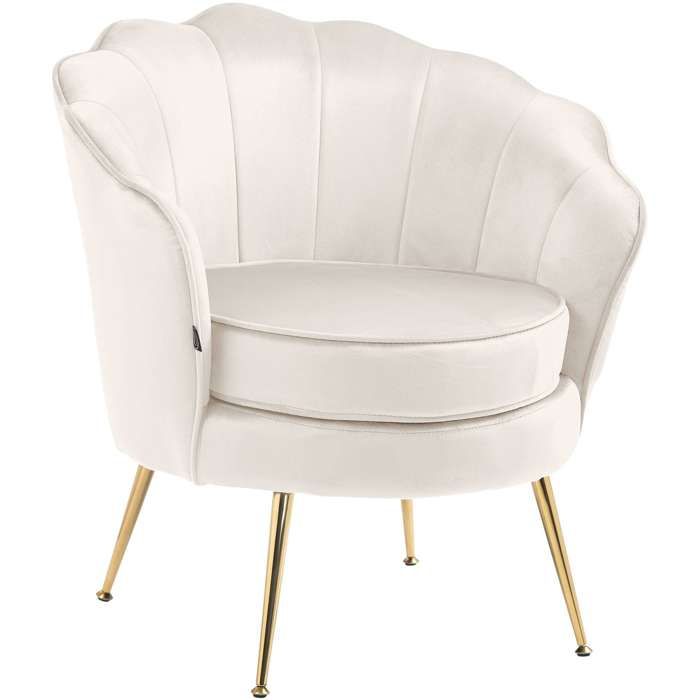 Fauteuil lounge chaise de chaise rembourree avec coutures decoratives revêtement en velours creme et pieds metal dore FAL101554