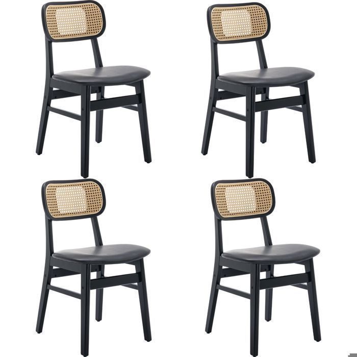 Wahson Chaise de Salle à Manger Lot de 4 Chaise Salle à Manger Bois Rétro et Rotin Chaise de Cuisine pour Salon Cuir PU Noir