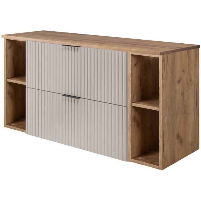 Meuble de Salle de Bain Suspendu Sous Vasque avec 2 Étagères Extensions et Plan FLOW – Cachemire/Chêne – 120 cm