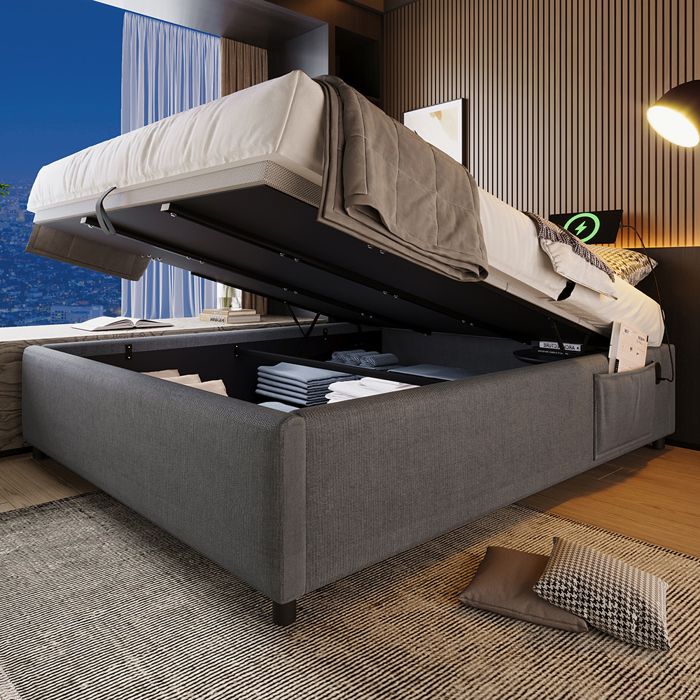 Lit 140×200 cm Lit coffre double rembourré avec USB- C Sans tête de lit - SWEIKO - Gris