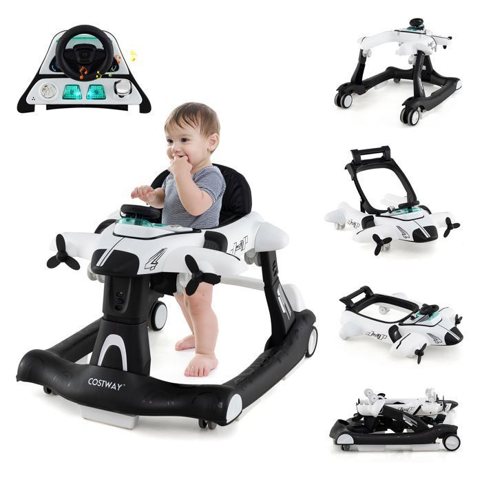 6 en 1 Trotteur Bébé Pliable COSTWAY-Design Avion-Hauteur Réglable-Boîte à Musique Lumières LED-Plateau de Repas- 6 à 18 Mois-Blanc