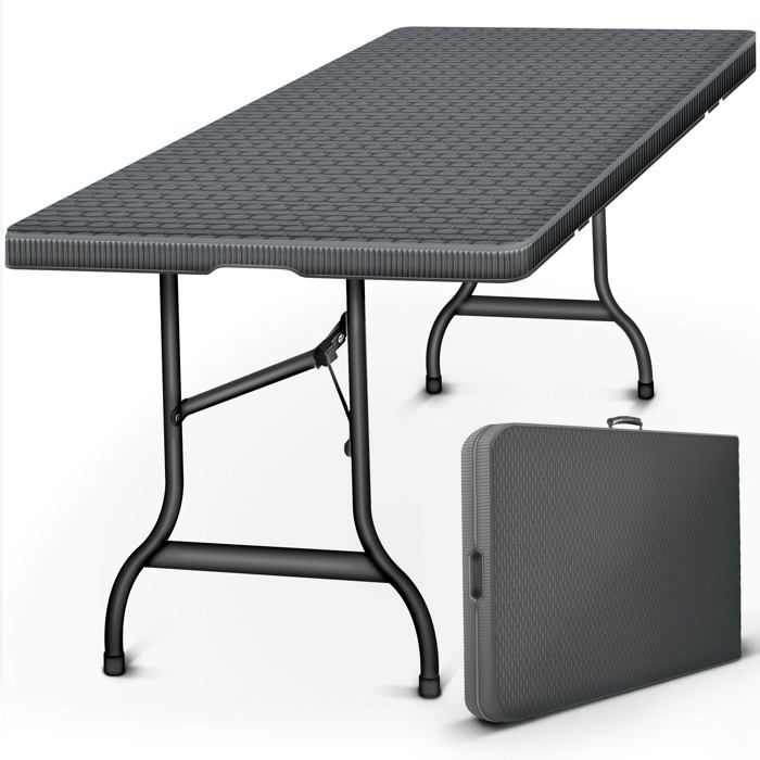 tillvex® Table de Jardin Pliante en Plastique 180x75cm Rotin Noir Idéale comme Buffet pour Terrasse Jardin Balcon ou Camping