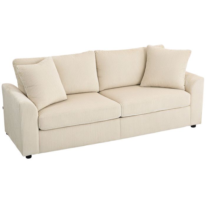 Canapé 3 places - HOMCOM - 212 cm - 2 coussins à ressorts tissu velours côtelé - pour salon chambre bureau à domicile - crème