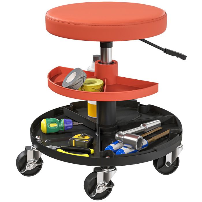 Tabouret datelier à roulettes - HOMCOM - hauteur réglable 40-51 cm - 2 étagères à outils pour outils - charge max 135 kg - jaune
