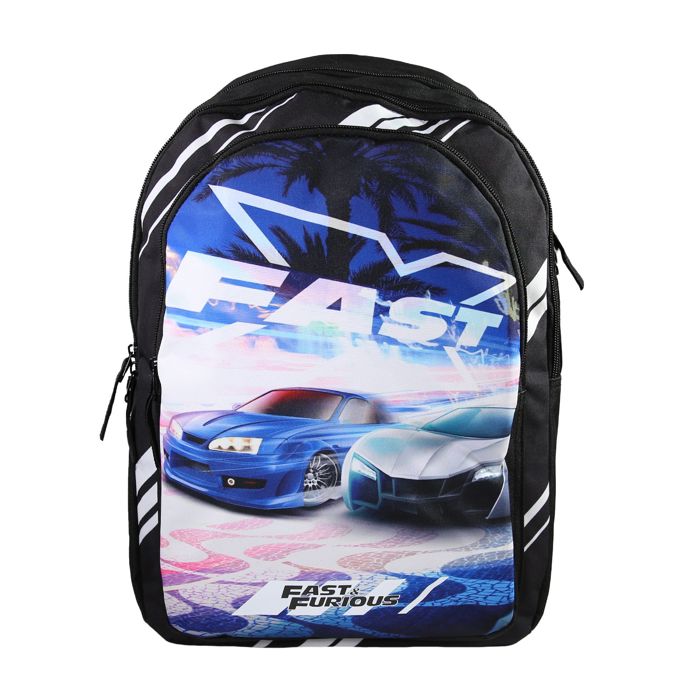 Bagtrotter - Fast And Furious - Sac à Dos Scolaire - Noir - 2 Compartiments Zippés - 1 Poche Zippée - 32x16x46cm - Bretelles...