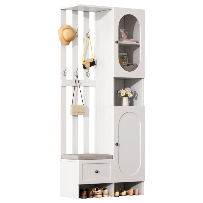 Vestiaire dentrée avec banc à chaussures et coussins deux portes un tiroir meuble de rangement en verre trempé armoire