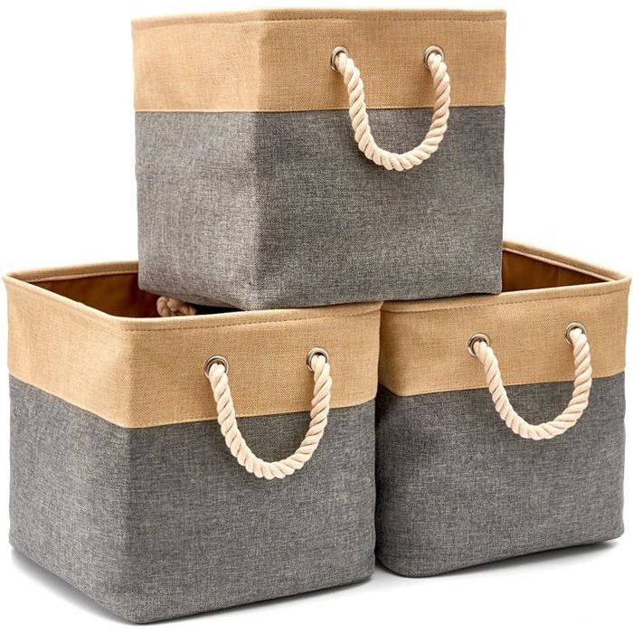 Boîte de rangement pliable en jute et coton avec poignée parfaite pour salle de bain ou bibliothèque (lot de 3) YYV
