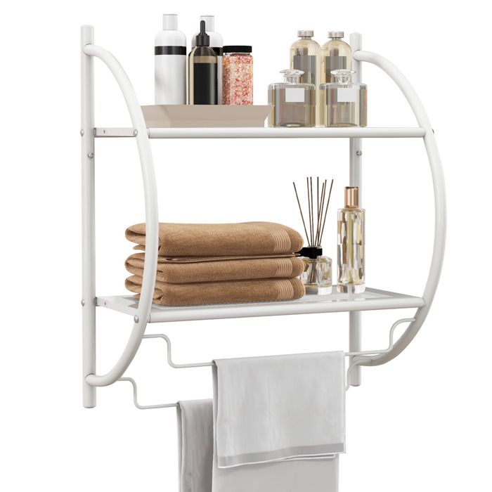 COSTWAY Etagère Murale de Salle de Bain avec 2 Tablettes de Conception Creuse et 2 Porte-Serviettes pour Toilettes WC Blanc