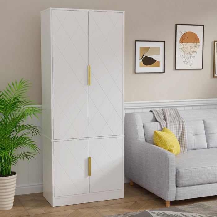 GOOBUY Buffet de Cuisine Haute 150cm Armoire Rangement à 4 Portes Meuble de Rangement Motif Ligne Style Scandinave Blanc