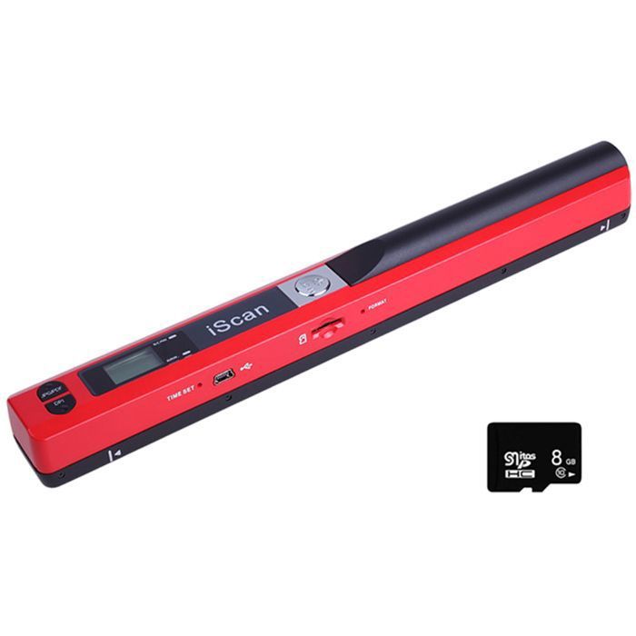 Scanner Portable A4 à main - 900 DPI PDF/JPG Sans Fil - avec Carte SD 8 Go - numérisation livres photos et documents - Rouge