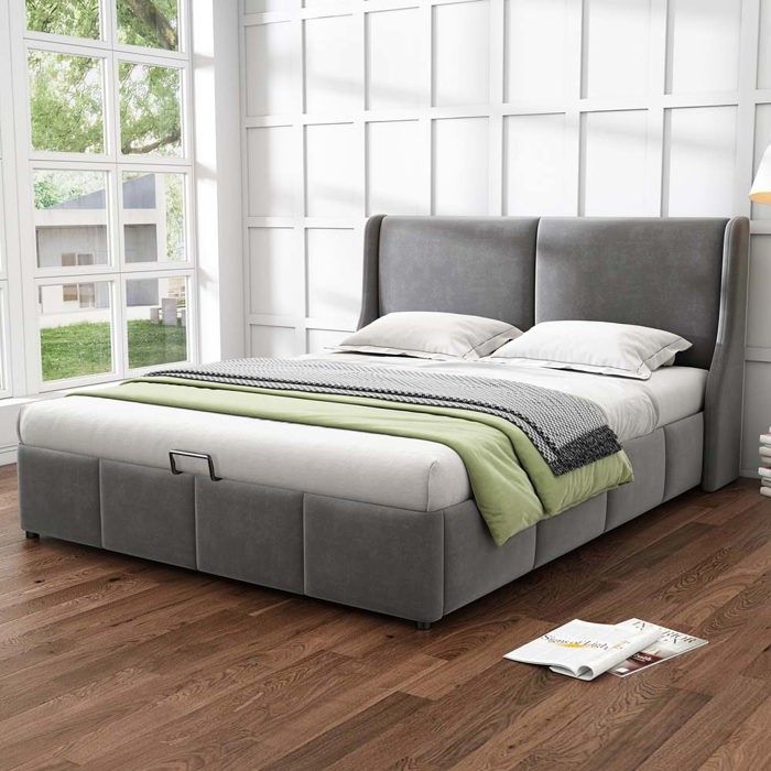 Lit coffre - 140 x 200 cm - Sommier relevable - Tête de lit haute - Tissu velours gris