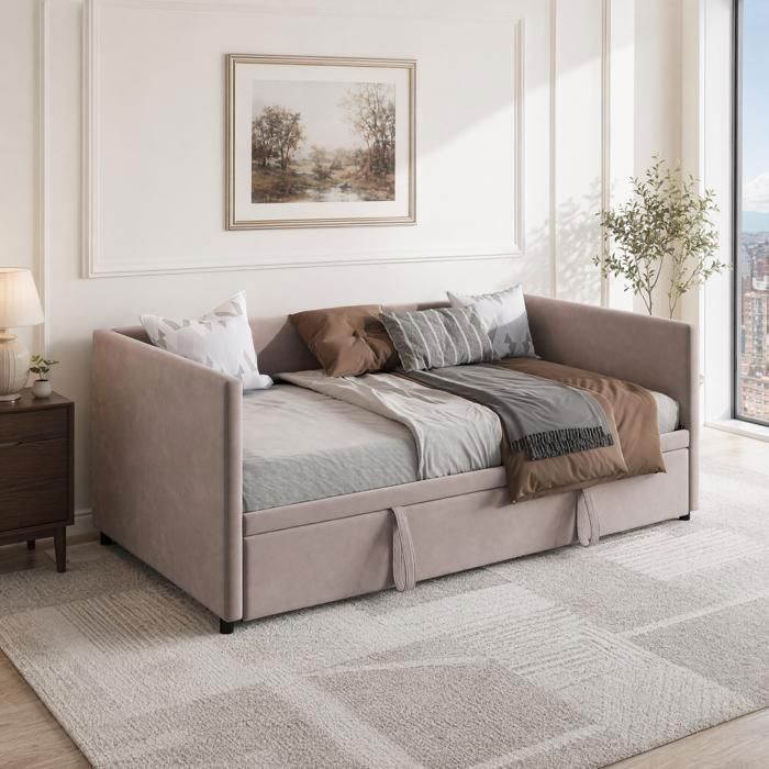 Lit gigogne 90/180x200cm - Canapé-lit extensible avec sommiers à lattes - Lit rembourré - Style scandinave - Velours - Gris
