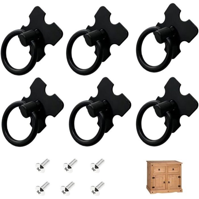 6 Pcs Noir Poignee de Meuble Vintage Tiroir Bague Poignée de Traction Poignées de Tirage Antique Bouton de Meuble pour Cui