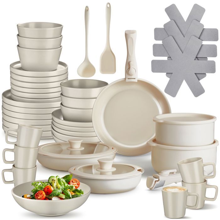 Batterie de cuisine - TECTAKE - Set de cuisine en aluminium inoxydable et grès émaillé pour 6 personnes 46 pièces - Taupe/Blanc