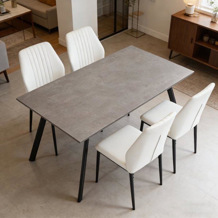 JIEXI Ensemble table et chaises de salle à manger effet béton gris avec 4 chaises en cuir synthétique blanc design moderne