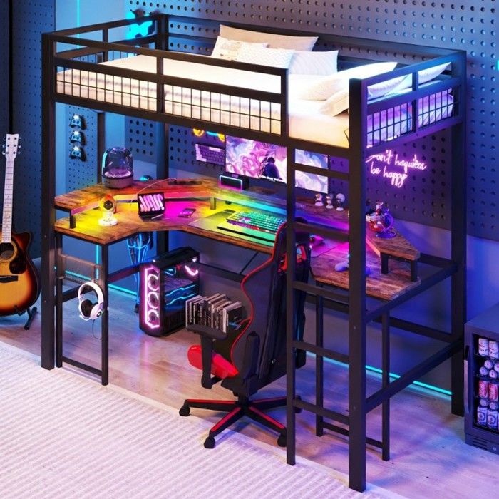 Lit Mezzanine 90x200 - VVBV - Modèle Gamer - Bureau intégré - LED RGB - USB/Type-C & prises