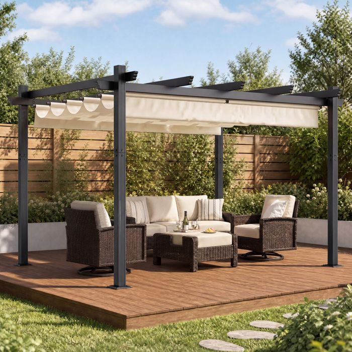 Pergola Jardin 3x4m Toit Ouvrant Réglable à Fermeture Magnétique Structure Aluminium Stable avec Fixations Vis dExpansion Beige