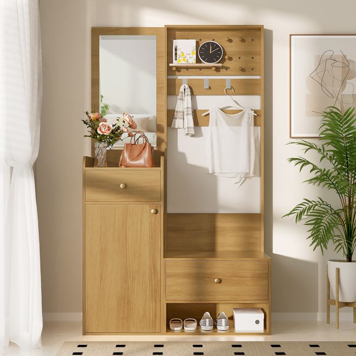 Meuble dentrée multifonctionnel - 105x38x180 cm - Miroir intégré - 2 tiroirs - 1 porte - Crochets en bois