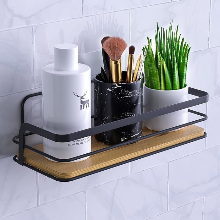 Étagère de douche sans perçage noire autocollante pour salle de bain salon en bambou et métal PORTE ACCESSOIRE DE SALLE DE B