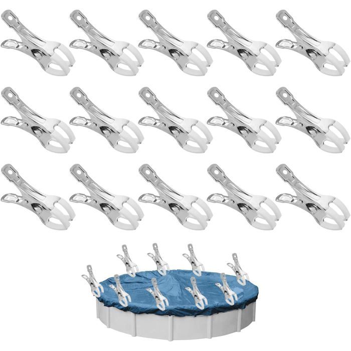 15 Pièces Métalliques Attache Bache Piscine Pince a Ressort avec Feuille de Protection Accessoire Piscine Hors Sol Pince Serre