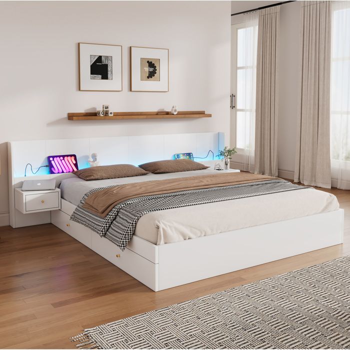 Lit double blanc avec LED USB prise intégrée et rangements