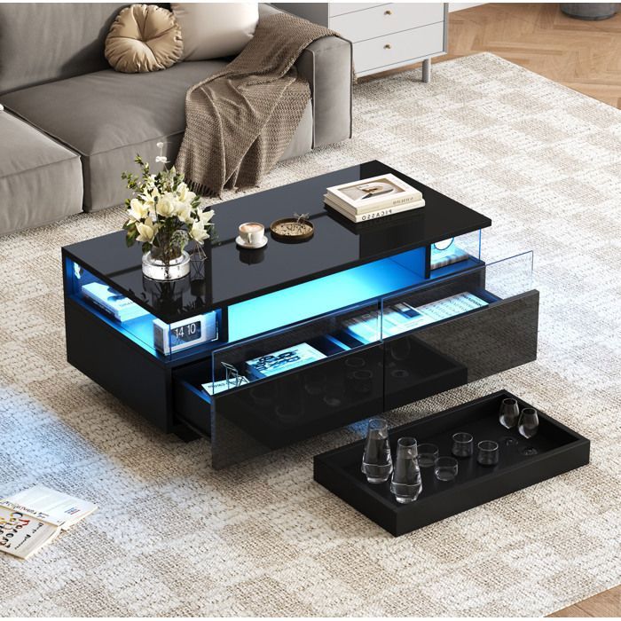 Table basse noire 90 x 45 x 355 cm LED avec appli 2 tiroirs plateau amovible verre trempé