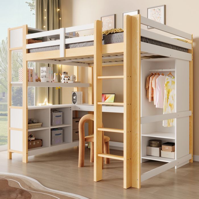 Lit mezzanine enfant - LEMONBEST - 140 x 200 cm - Blanc/Naturel - Bureau intégré - Rangement & sommier à lattes